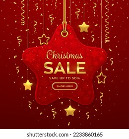 Christmas and New Year sale price tag. Realistic red tag hanging on gold rope. Discount label with golden stars and confetti. Xmas banner design, advertising, marketing price tag. Vector illustration.