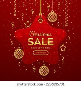 Christmas, New Year sale price tag. Realistic red tag hanging on gold rope. Discount label with golden balls, stars, confetti. Xmas banner design, advertising marketing price tag. Vector illustration.