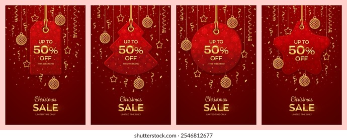 Christmas and New Year sale price tag set. Realistic red tags hanging on gold rope. Discount label with golden balls and confetti. Xmas banner, advertising, marketing price tag. Vector illustration.