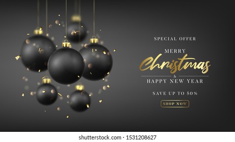 Christmas and New Year sale promo banner. Special discount offer. Holiday vector illustration with realistic black Christmas balls, confetti and bokeh with blur effect on black background.