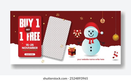 Natal e ano novo promoção de venda evento banner horizontal para Natal festa cobertura de mídia social, cabeçalho, web modelo de banner com pódio 3D e fundo de boneco de neve