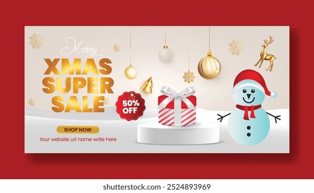 Christmas and new year sale promotion event horizontal banner for Christmas celebration party social media cover, header, web banner template with 3d podium and snowman background