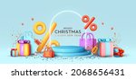 Christmas and New Year Sale. Realistic 3d design stage podium, round studio. Gift boxes, shopping bags. Decorative festive elements, present box surprise. Xmas blue background. Vector illustration