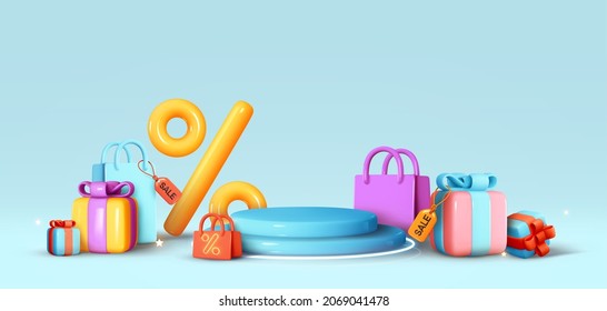 Christmas and New Year Sale. Realistic 3d design stage podium, round studio. Gift boxes, shopping bags. Decorative festive elements, present box surprise. Xmas blue background. Vector illustration