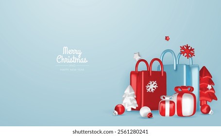 Christmas and New Year Sale. Red bright realistic 3d holiday object design, shopping bag, gift box. Promo sale, advertising banner, web poster. vector illustration