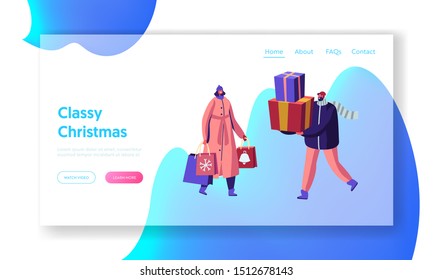 Christmas and New Year Sale and Shopping Website Landing Page. Preparation for Winter Holidays. Happy Characters Walking with Gift Boxes and Paper Bags Web Page Banner Cartoon Flat Vector Illustration