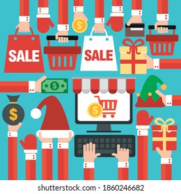 Christmas and New Year sale. Shopping online on computer or website. Concept flat design. Vector illustration