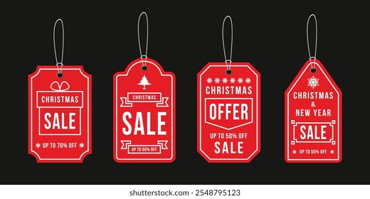 Christmas and New Year Sale Tag Collection in Red Color, Sale Label Set with Discount, Vector Illustration