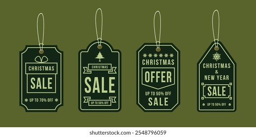 Christmas and New Year Sale Tag Collection in Olive Green Color, Sale Label Set with Discount, Vector Illustration