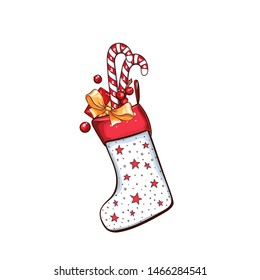 Christmas or New Year santa claus sock with stripped candy canes and red holly berries, gift box, toys and bow isolated vector illustration. Freehand gold decor for winter holidays