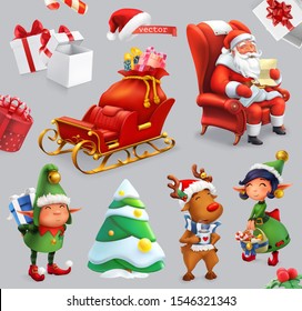 Christmas and New Year. Santa Claus, sleigh, gifts, deer, elves, christmas tree. 3d vector icon set