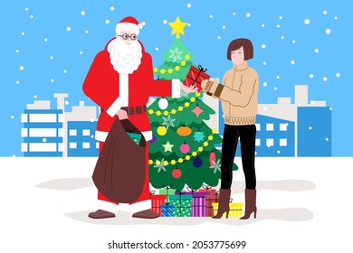 Christmas and New Year. Santa Claus near the Christmas tree gives gifts to the girl, it is snowing in the background. Illustration for landing page or online store website. Cute vector flat image.