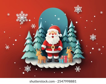 Christmas and New year ,Santa Claus in a snowy forest, surrounded by Christmas trees, two reindeer, gifts, and falling snowflakes, all styled in a vibrant, l paper-cut design on a red background.