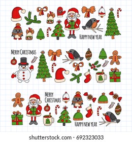Christmas New year Santa Claus Doodle vector icons Presents Birds Christmas tree Candy Christmas bell Snowflake