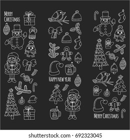 Christmas New year Santa Claus Doodle vector icons Presents Birds Christmas tree Candy Christmas bell Snowflake