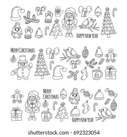 Christmas New year Santa Claus Doodle vector icons Presents Birds Christmas tree Candy Christmas bell Snowflake Coloring page