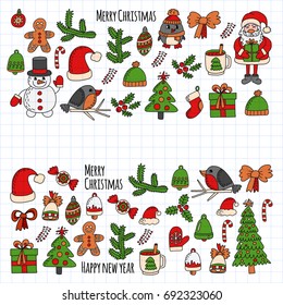 Christmas New year Santa Claus Doodle vector icons Presents Birds Christmas tree Candy Christmas bell Snowflake