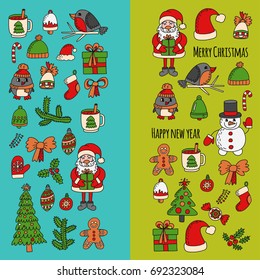 Christmas New year Santa Claus Doodle vector icons Presents Birds Christmas tree Candy Christmas bell Snowflake