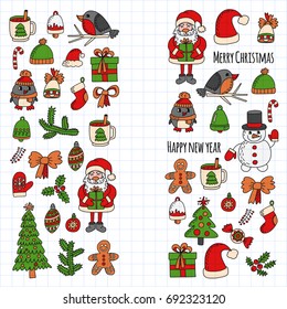 Christmas New year Santa Claus Doodle vector icons Presents Birds Christmas tree Candy Christmas bell Snowflake