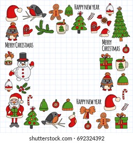 Christmas New year Santa Claus Doodle vector icons Presents Birds Christmas tree Candy Christmas bell Snowflake