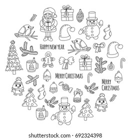 Christmas New year Santa Claus Doodle vector icons Presents Birds Christmas tree Candy Christmas bell Snowflake Coloring page