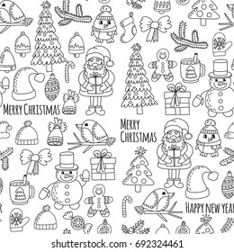 Christmas New year Santa Claus Doodle vector icons Presents Birds Christmas tree Candy Christmas bell Snowflake Coloring page