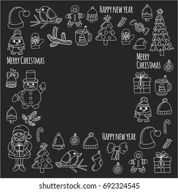 Christmas New year Santa Claus Doodle vector icons Presents Birds Christmas tree Candy Christmas bell Snowflake