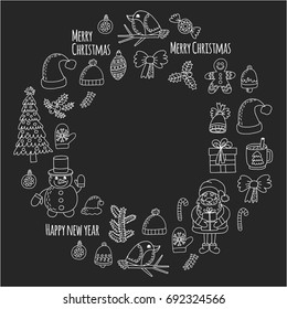 Christmas New year Santa Claus Doodle vector icons Presents Birds Christmas tree Candy Christmas bell Snowflake