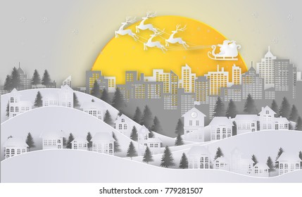 Christmas and New Year. Santa Claus and reindeer on the sky and big moon coming to City. minimal concept. Merry Christmas card. Winter Snow, paper art and craft style. Vector illustration.