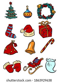 Christmas New year Santa collection set icons symbols comic cartoon retro style drawing