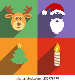 Christmas and New Year Santa icons isolated  Set of colored symbols with long shadows. Collection of flat elements for your design.  Vector illustration.