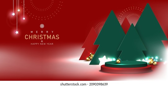 Christmas and New Year scene. Pedestal for product display. Stage podium 3d decorated with white misty, trees, and element Christmas day on Red background. Vector illustration.