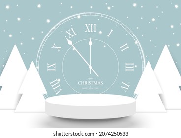 Christmas and New Year scene.Stage podium decorated with times clock, tree, star. 3d pedestal base for product display, show on light blue background.Abstract winter backdrop.Vector illustration.