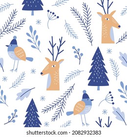 Christmas and New Year seamless background. Cute deer, christmas trees, little bird ,fir branches, snowflakes