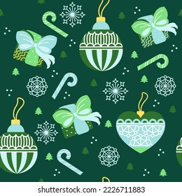 Christmas and New Year. Seamless background with Christmas toys and snowflakes, gifts. Vector illustration.