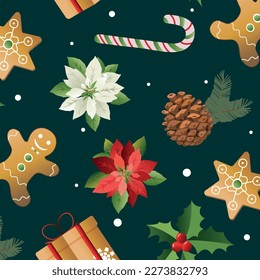 Christmas and New Year seamless background with gifts, fir cones, gingerbread man, poinsettia flower, candies, berries.Trendy style. Vector design template.	