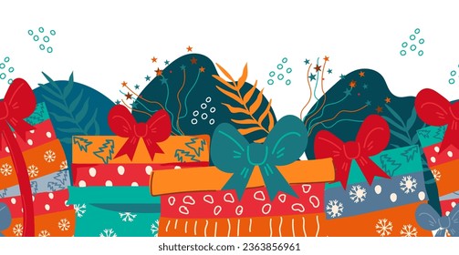 Christmas and New Year seamless background or border design with gifts hand drawn flat vector Illustration on white background. Christmas and New Year design.