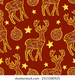 Christmas new year seamless background gold deer ornaments stars, festive holiday print