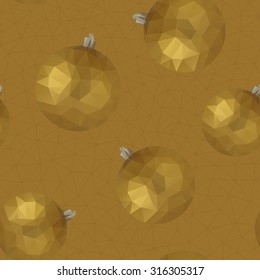 Christmas or New Year seamless background with golden christmas balls on triangle geometric backdrop. Isolated vector illustration for festive backgrounds, wallpaper and wrapping paper.