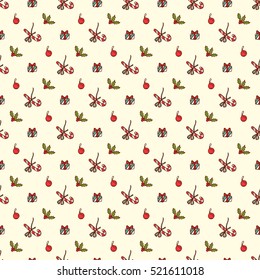 Christmas and New Year Seamless Background with Hand drawn doodle Gift, Holly berries, Christmas ball, Candy