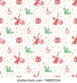 Christmas and New Year Seamless Background with Hand drawn doodle Gift, Holly berries, Christmas ball, Candy