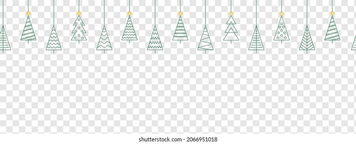 Christmas and New Year seamless banner or border. Vector Christmas tree set isolated on transparent background.Line icon.