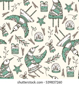 Christmas and New Year seamless with bird, Christmas decorations and present. Hand drawn