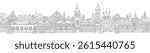 Christmas and New Year seamless border pattern. Fairy tale wooden houses, churches, fir trees. Coloring book page