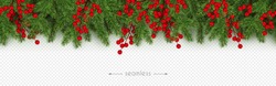 Vánoce A Nový Rok Bezešvé Hranice Realistických Větví Vánočního Stromku A Holly Bobulí Prvek Pro Slavnostní Design Izolované Na Průhledném Pozadí Vektorová Ilustrace