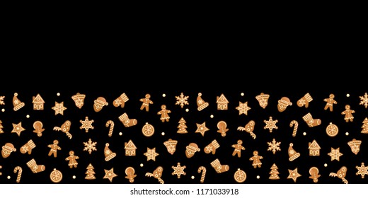 Christmas and New Year seamless border with gingerbread. Repeat wallpaper with gingerbreads on black background. Vector seamless pattern with objects gingerbread toys with text place.