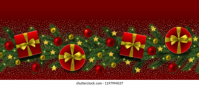 Christmas and New Year seamless border with glitter, gifts, toys on red background. Repeat winter holiday pattern for textile prints, wallpaper, greeting card, sale and invitation with text place.