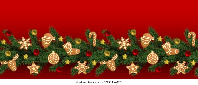 Christmas and New Year seamless border with gingerbread and toys on red background. Repeat winter holiday web banner for wallpaper, greeting card, site design and invites with text place.