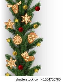Christmas and New Year seamless border with gingerbread and toys on white background. Repeat winter holiday pattern for textile prints, wallpaper, greeting card, menu and invites with text place.