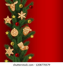 Christmas and New Year seamless border with gingerbread and toys on red background. Repeat winter holiday pattern for textile prints, wallpaper, greeting card, menu and invites with text place.